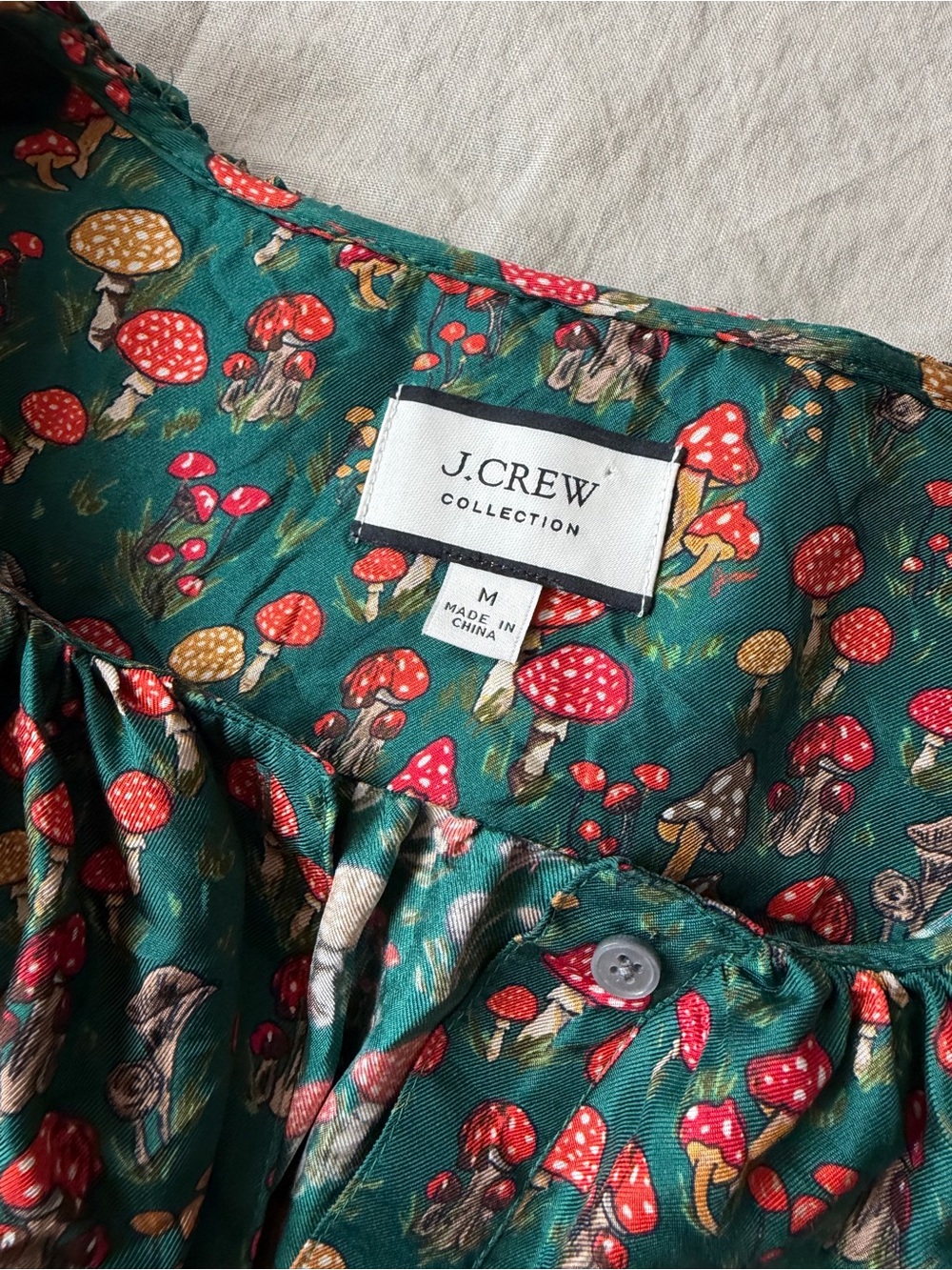 J. Crew collection 100% silk Forest Green Floral Ruffle-Trim mushroom Blouse - Picture 6 of 11